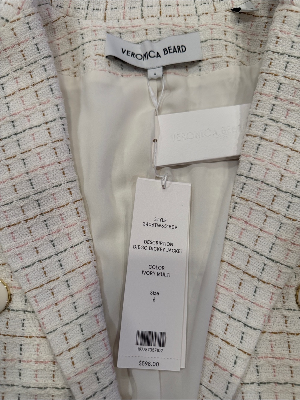 Veronica Beard Ivory Tweed Double-Breasted Blazer with Subtle Multicolor Thread - Picture 3 of 5